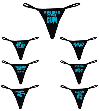 7 P Black Thongs w/ Funny Blue Graphic Prase