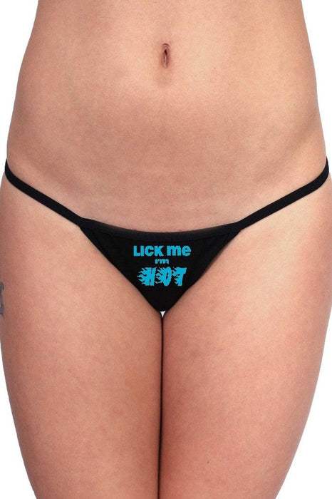 7 P Black Thongs w/ Funny Blue Graphic Prase