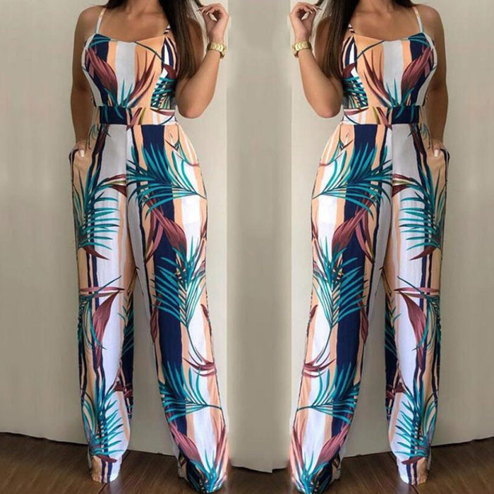 Floral Print Women Elegant Off Shoulder Spaghetti Strap Long Jumpsuit