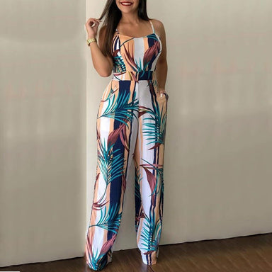Floral Print Women Elegant Off Shoulder Spaghetti Strap Long Jumpsuit