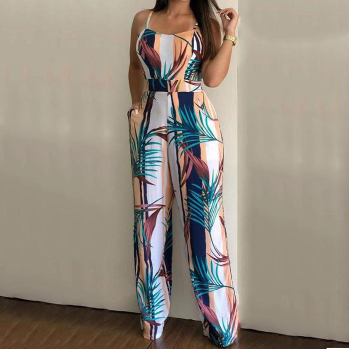 Floral Print Women Elegant Off Shoulder Spaghetti Strap Long Jumpsuit