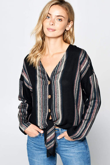 LONG SLEEVE STRIPED LINEN BUTTON UP TOP