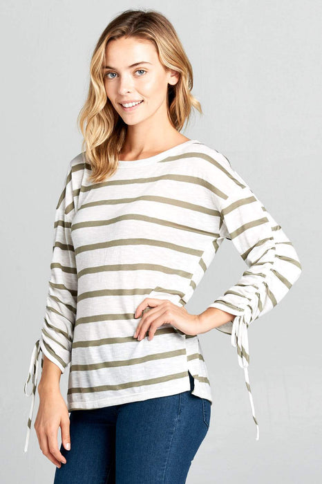LONG SLEEVE STRIPED TOP WITH SCRUNCHED SLEEVES