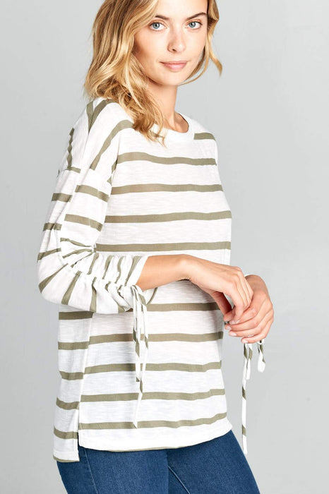 LONG SLEEVE STRIPED TOP WITH SCRUNCHED SLEEVES