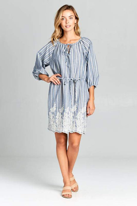 3/4 SLEEVE STRIPED WAIST TIE DRESS WITH BOTTOM