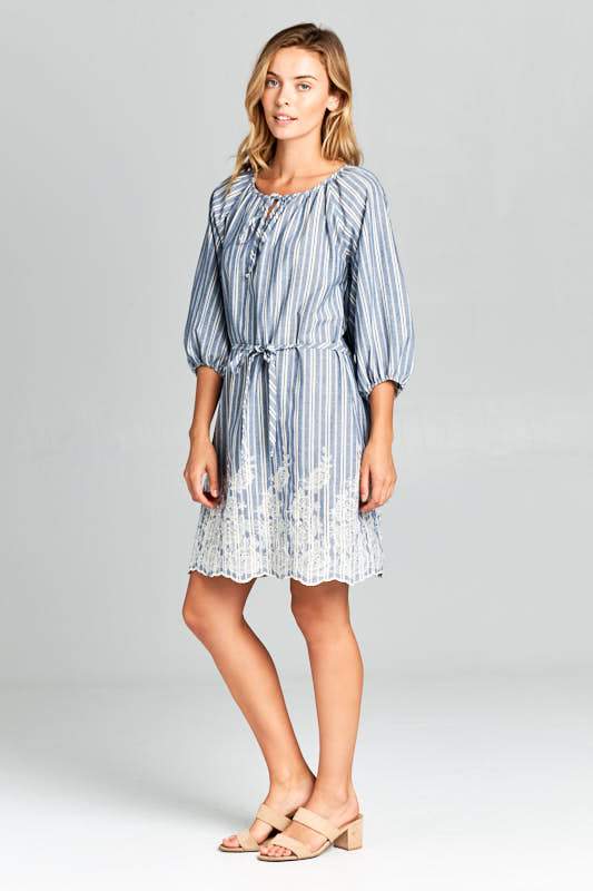3/4 SLEEVE STRIPED WAIST TIE DRESS WITH BOTTOM