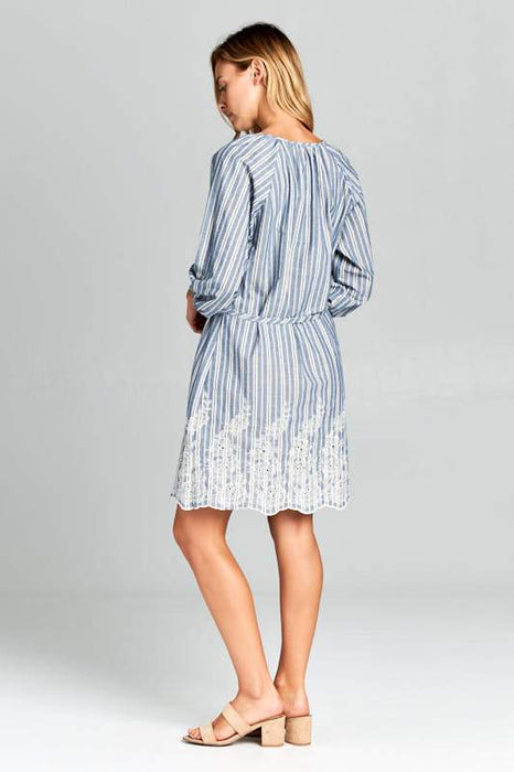 3/4 SLEEVE STRIPED WAIST TIE DRESS WITH BOTTOM