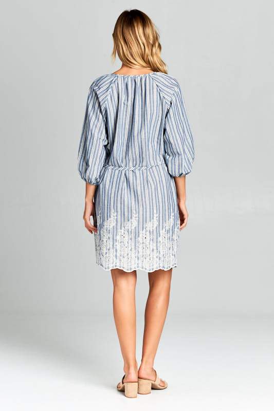 3/4 SLEEVE STRIPED WAIST TIE DRESS WITH BOTTOM
