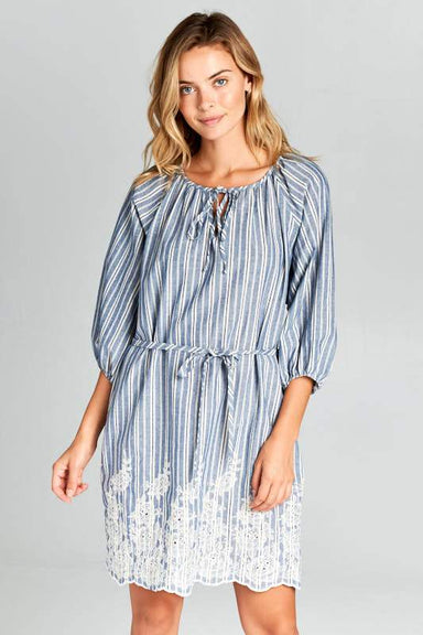 3/4 SLEEVE STRIPED WAIST TIE DRESS WITH BOTTOM