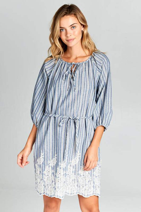 3/4 SLEEVE STRIPED WAIST TIE DRESS WITH BOTTOM