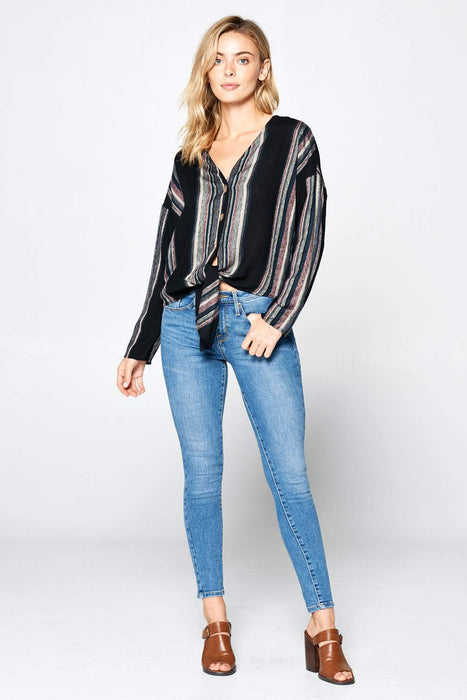 LONG SLEEVE STRIPED LINEN BUTTON UP TOP