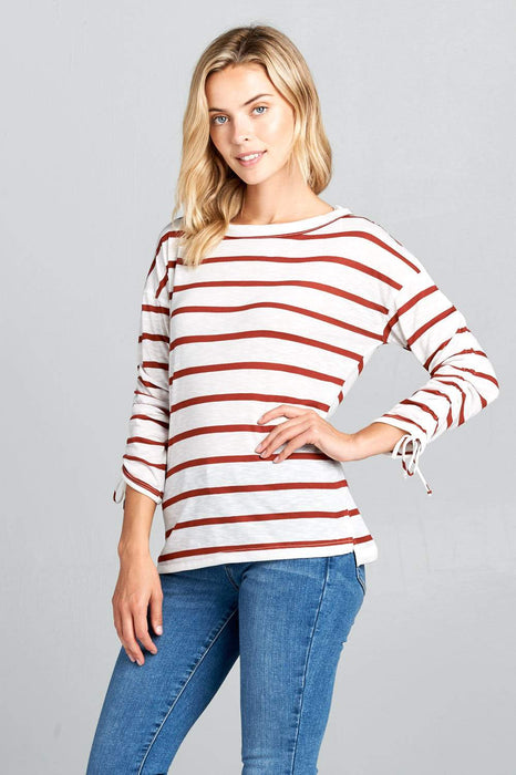 LONG SLEEVE STRIPED TOP WITH SCRUNCHED SLEEVES