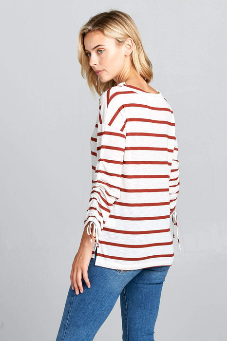 LONG SLEEVE STRIPED TOP WITH SCRUNCHED SLEEVES