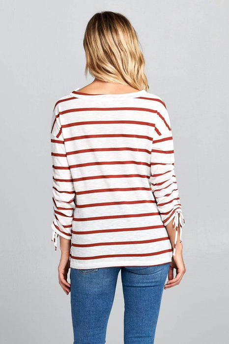 LONG SLEEVE STRIPED TOP WITH SCRUNCHED SLEEVES