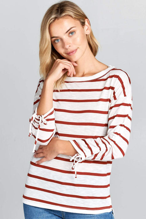 LONG SLEEVE STRIPED TOP WITH SCRUNCHED SLEEVES