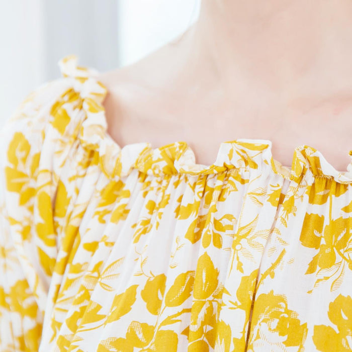 (Woman) Yellow floral strapless midi dress