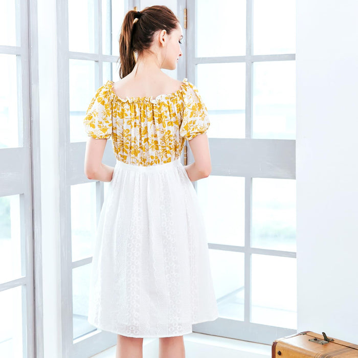 (Woman) Yellow floral strapless midi dress