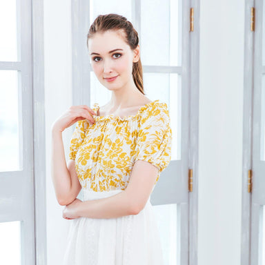 (Woman) Yellow floral strapless midi dress